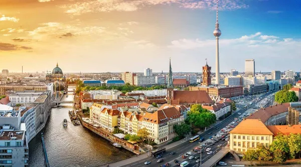 Panoramic view at the Berlin city center at sunset
